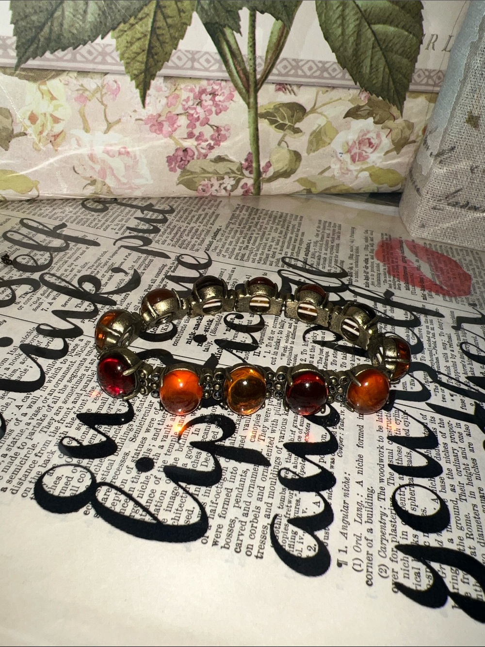 Women's Amber colored & Garnet Glass Cabochon Stretch Bracelet